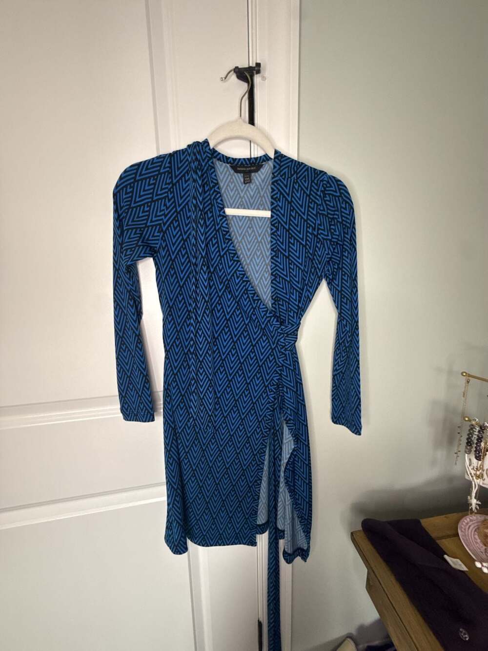 Banana Republic Wrap Dress XXS Petite Blue Geometric Long Sleeve Mini